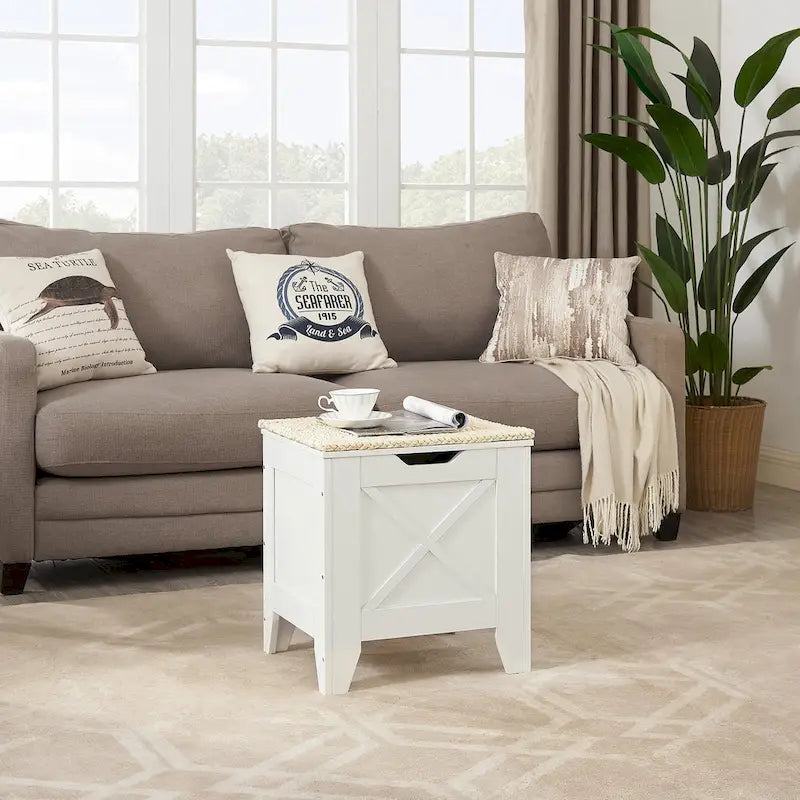 Banc de rangement VECELO, coffre en bois avec tapis en osier et charnières de sécurité, banc à chaussures d'entrée, coffre de rangement style industriel