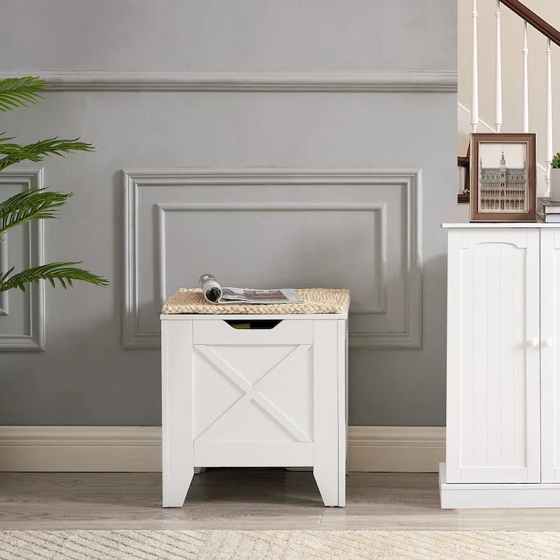 Banc de rangement VECELO, coffre en bois avec tapis en osier et charnières de sécurité, banc à chaussures d'entrée, coffre de rangement style industriel