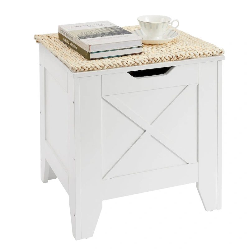 Banc de rangement VECELO, coffre en bois avec tapis en osier et charnières de sécurité, banc à chaussures d'entrée, coffre de rangement style industriel