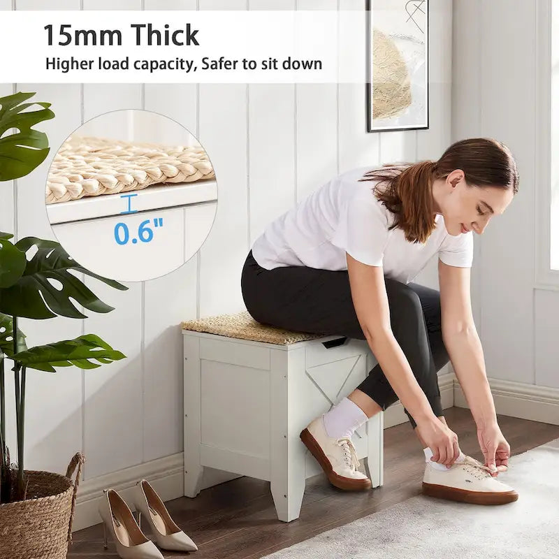 Banc de rangement VECELO, coffre en bois avec tapis en osier et charnières de sécurité, banc à chaussures d'entrée, coffre de rangement style industriel