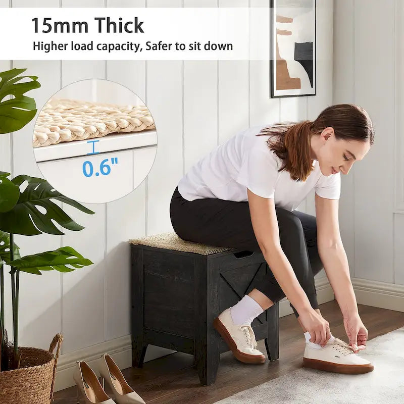 Banc de rangement VECELO, coffre en bois avec tapis en osier et charnières de sécurité, banc à chaussures d'entrée, coffre de rangement style industriel
