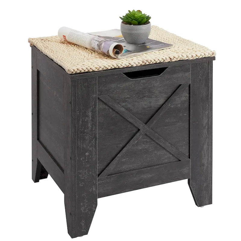 Banc de rangement VECELO, coffre en bois avec tapis en osier et charnières de sécurité, banc à chaussures d'entrée, coffre de rangement style industriel