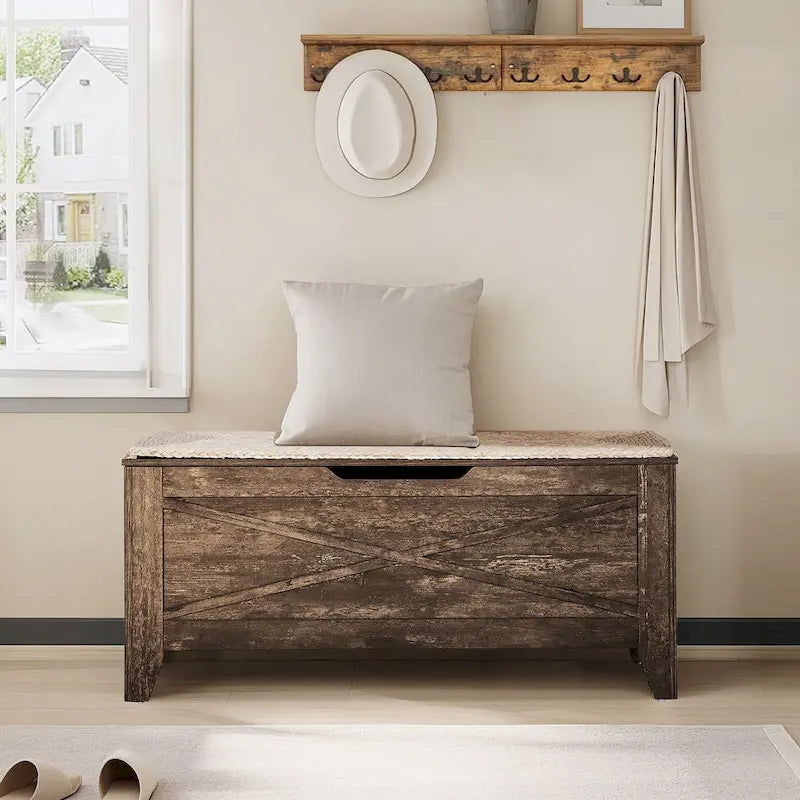 Banc de rangement VECELO, coffre en bois avec tapis en osier et charnières de sécurité, banc à chaussures d'entrée, coffre de rangement style industriel