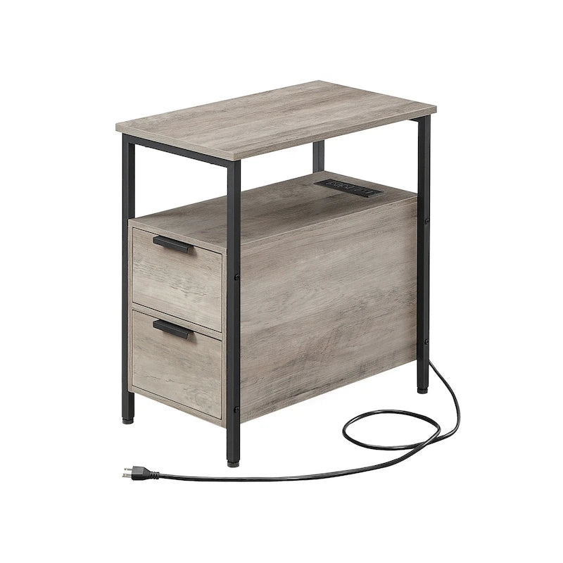 Table d'appoint mince à 2 tiroirs avec 2 étagères ouvertes et station de recharge pour salon ou chambre