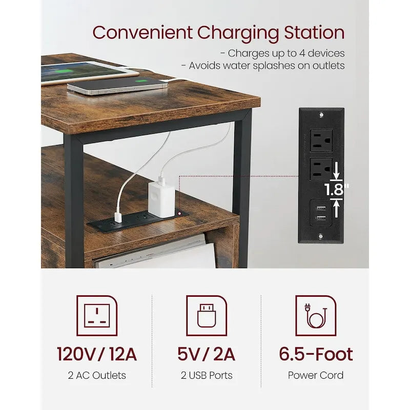 Table d'appoint mince à 2 tiroirs avec 2 étagères ouvertes et station de recharge pour salon ou chambre