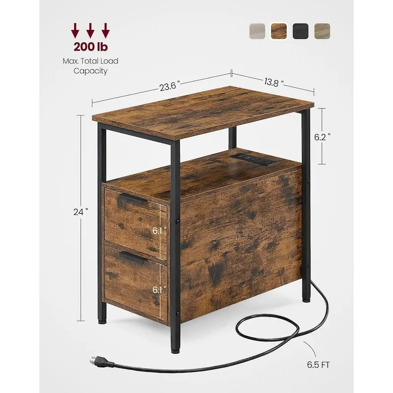 Table d'appoint mince à 2 tiroirs avec 2 étagères ouvertes et station de recharge pour salon ou chambre