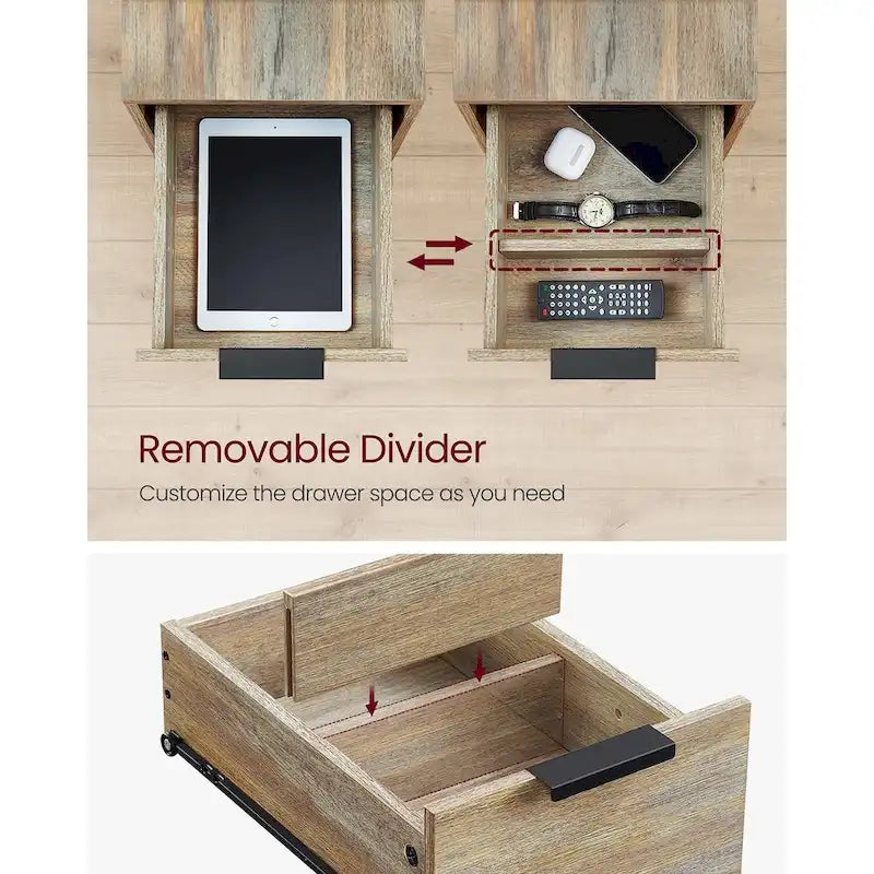 Table d'appoint mince à 2 tiroirs avec 2 étagères ouvertes et station de recharge pour salon ou chambre