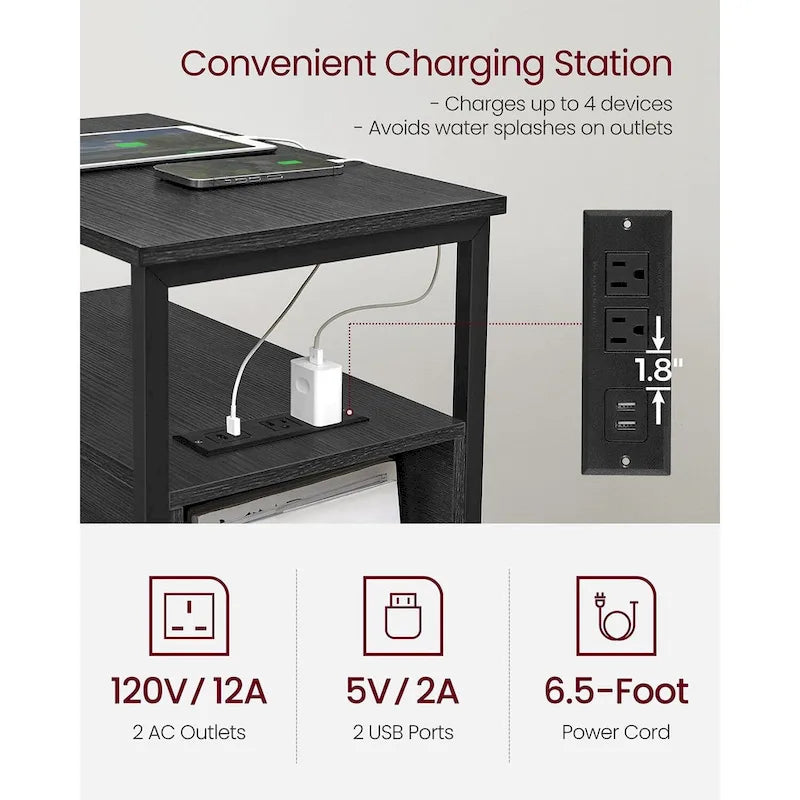 Table d'appoint mince à 2 tiroirs avec 2 étagères ouvertes et station de recharge pour salon ou chambre