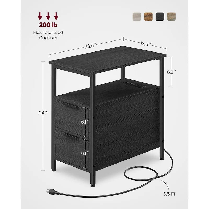 Table d'appoint mince à 2 tiroirs avec 2 étagères ouvertes et station de recharge pour salon ou chambre