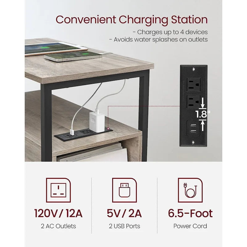 Table d'appoint mince à 2 tiroirs avec 2 étagères ouvertes et station de recharge pour salon ou chambre