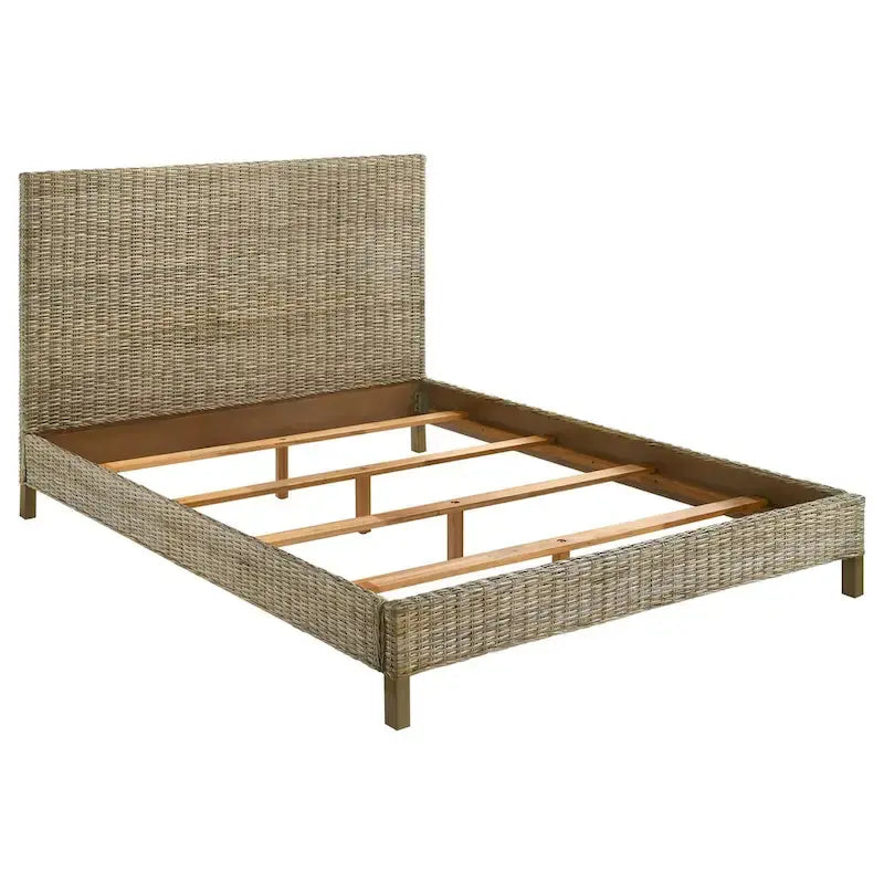 Ayla King Size Bed, Rattan Woven Design, Panel Headboard, Gray Mahogany