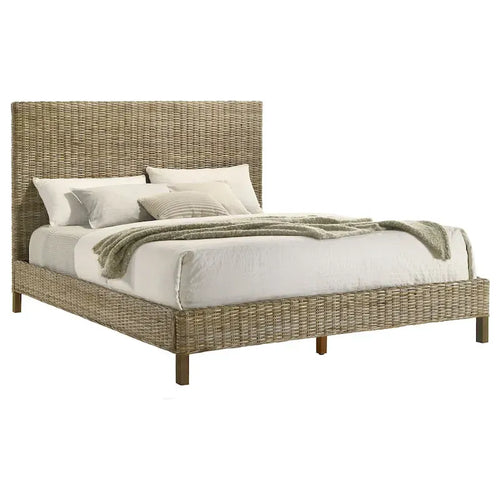 Lit Ayla King Size, design en rotin tressé, tête de lit à panneaux, acajou gris