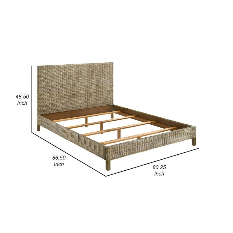 Lit Ayla King Size, design en rotin tressé, tête de lit à panneaux, acajou gris