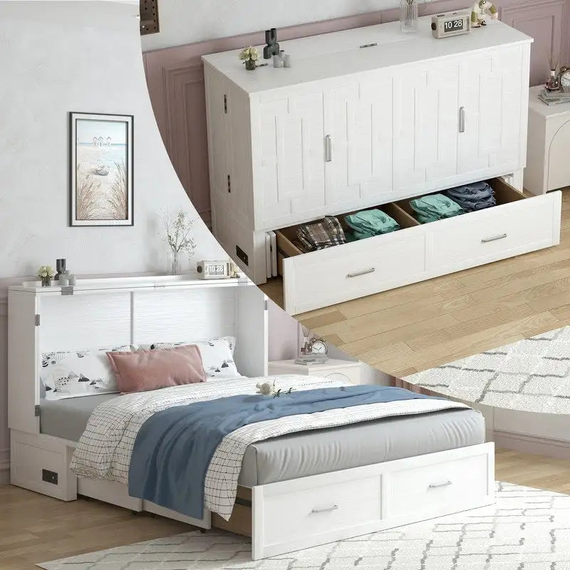 Lit escamotable Mixoy moderne avec matelas, tiroir de rangement et station de charge