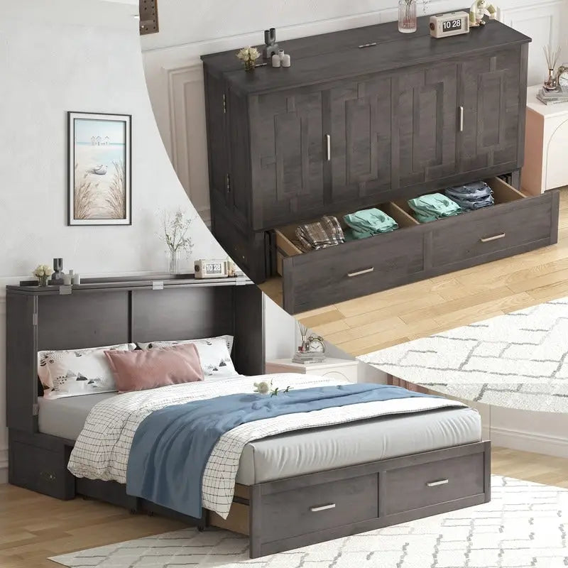 Mixoy Modern Murphy Bed Chest with Mattress,Storage Drawer,Charging Station