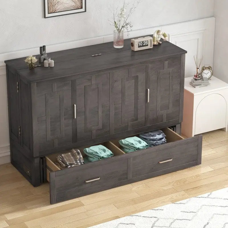 Lit escamotable Mixoy moderne avec matelas, tiroir de rangement et station de charge