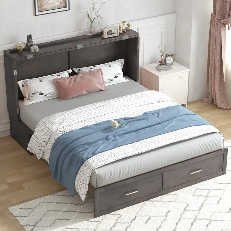 Lit escamotable Mixoy moderne avec matelas, tiroir de rangement et station de charge