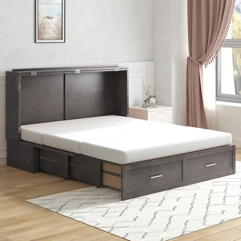 Lit escamotable Mixoy moderne avec matelas, tiroir de rangement et station de charge