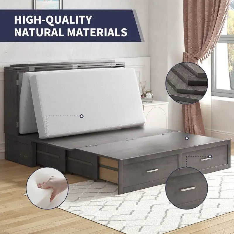 Lit escamotable Mixoy moderne avec matelas, tiroir de rangement et station de charge