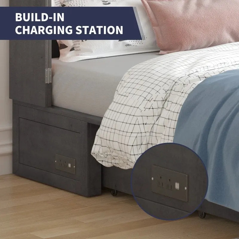 Lit escamotable Mixoy moderne avec matelas, tiroir de rangement et station de charge