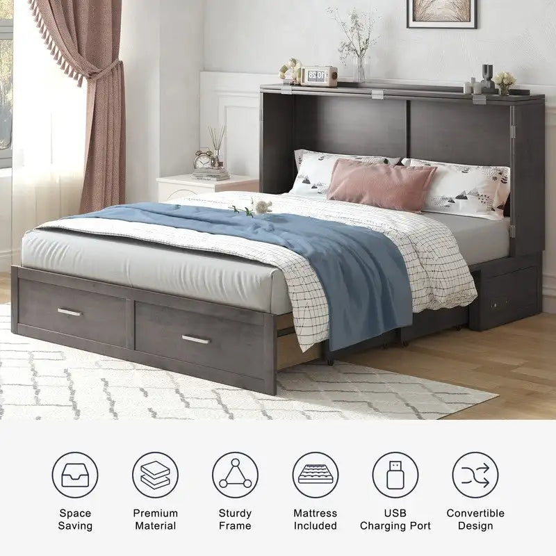 Lit escamotable Mixoy moderne avec matelas, tiroir de rangement et station de charge