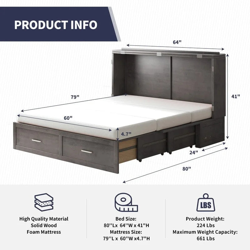 Lit escamotable Mixoy moderne avec matelas, tiroir de rangement et station de charge