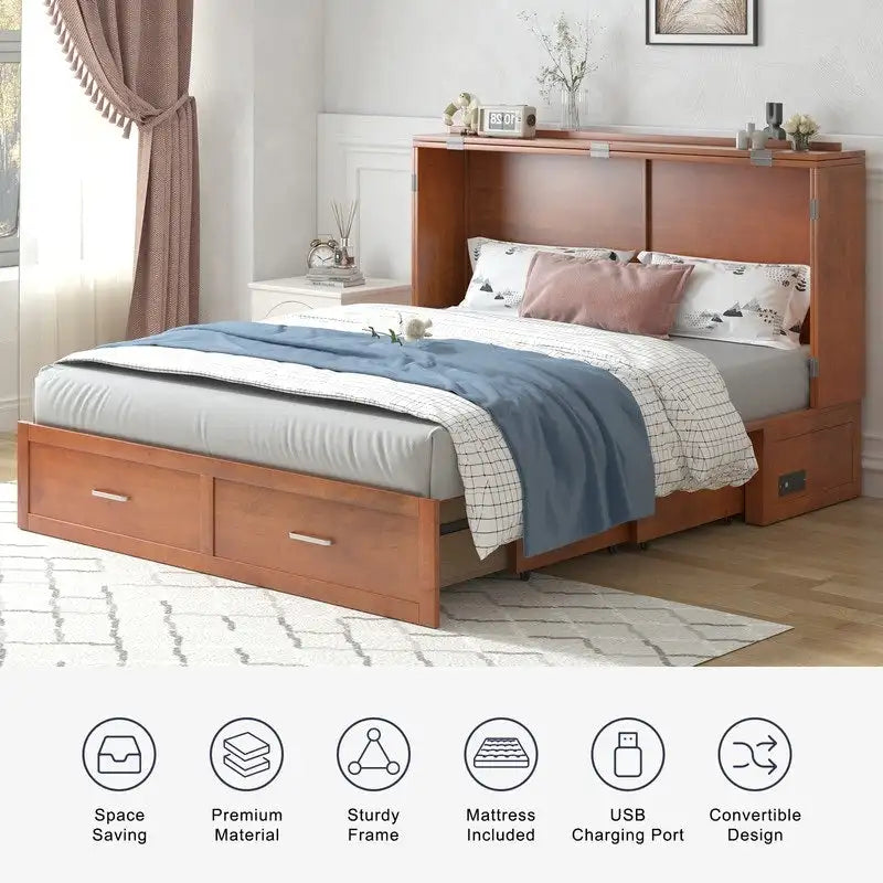 Lit escamotable Mixoy moderne avec matelas, tiroir de rangement et station de charge