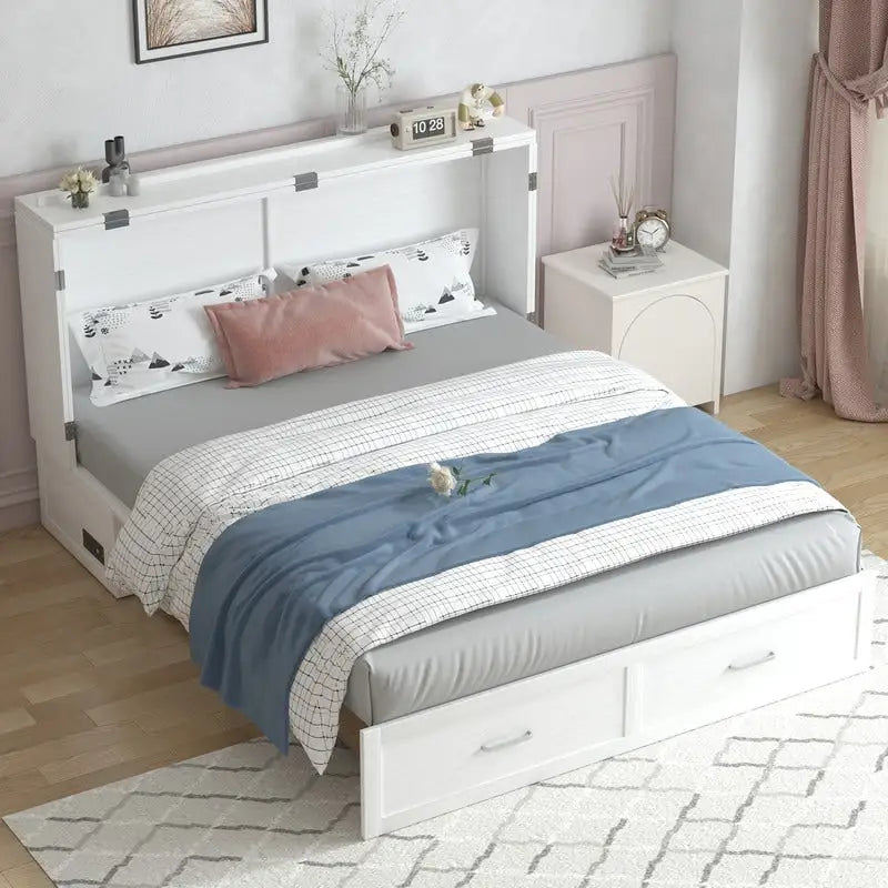 Lit escamotable Mixoy moderne avec matelas, tiroir de rangement et station de charge