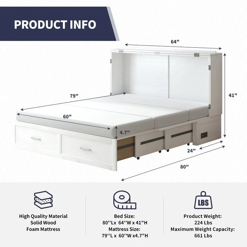Lit escamotable Mixoy moderne avec matelas, tiroir de rangement et station de charge