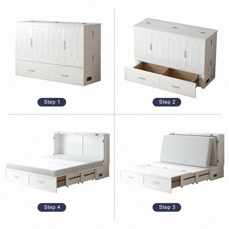 Lit escamotable Mixoy moderne avec matelas, tiroir de rangement et station de charge