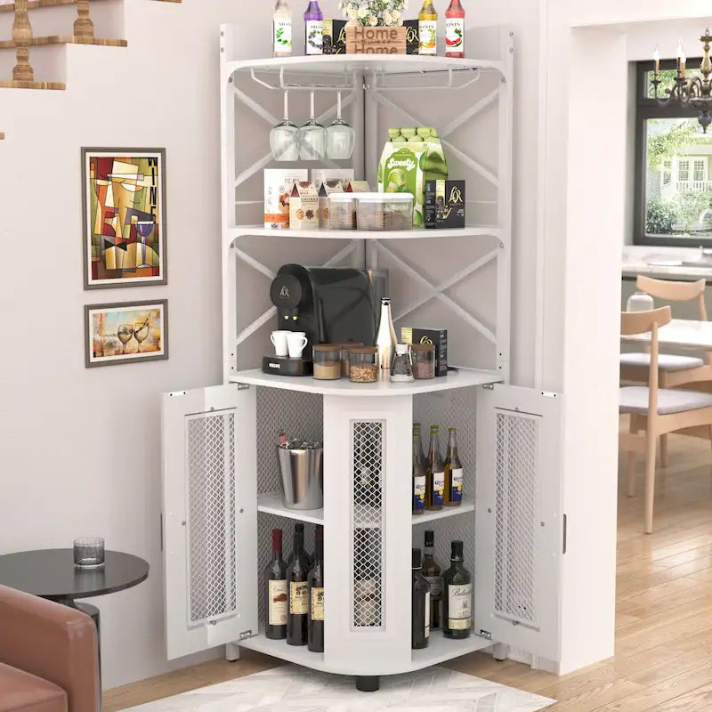 Meuble bar d'angle avec station de recharge et éclairage d'ambiance, étagères de rangement pour bouteilles avec porte-verres - Marron