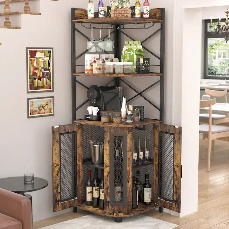 Meuble bar d'angle avec station de recharge et éclairage d'ambiance, étagères de rangement pour bouteilles avec porte-verres - Marron