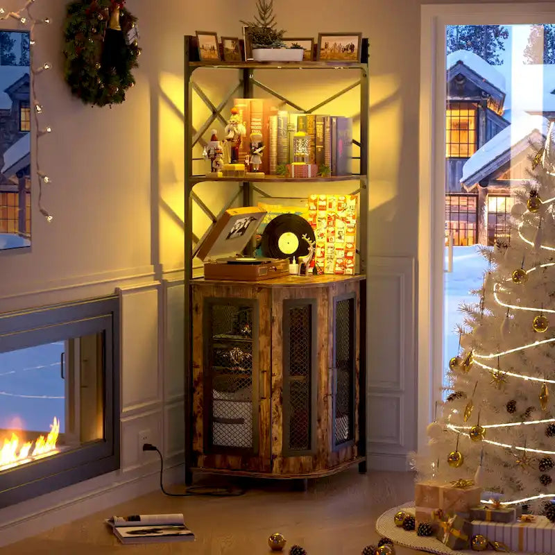 Meuble bar d'angle avec station de recharge et éclairage d'ambiance, étagères de rangement pour bouteilles avec porte-verres - Marron