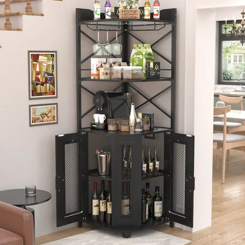 Meuble bar d'angle avec station de recharge et éclairage d'ambiance, étagères de rangement pour bouteilles avec porte-verres - Marron