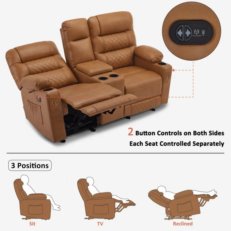 Canapé inclinable électrique MCombo avec console, fonction chauffante et vibrante, ports USB et porte-gobelets PR624