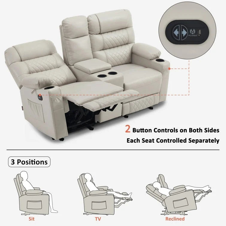 Canapé inclinable électrique MCombo avec console, fonction chauffante et vibrante, ports USB et porte-gobelets PR624