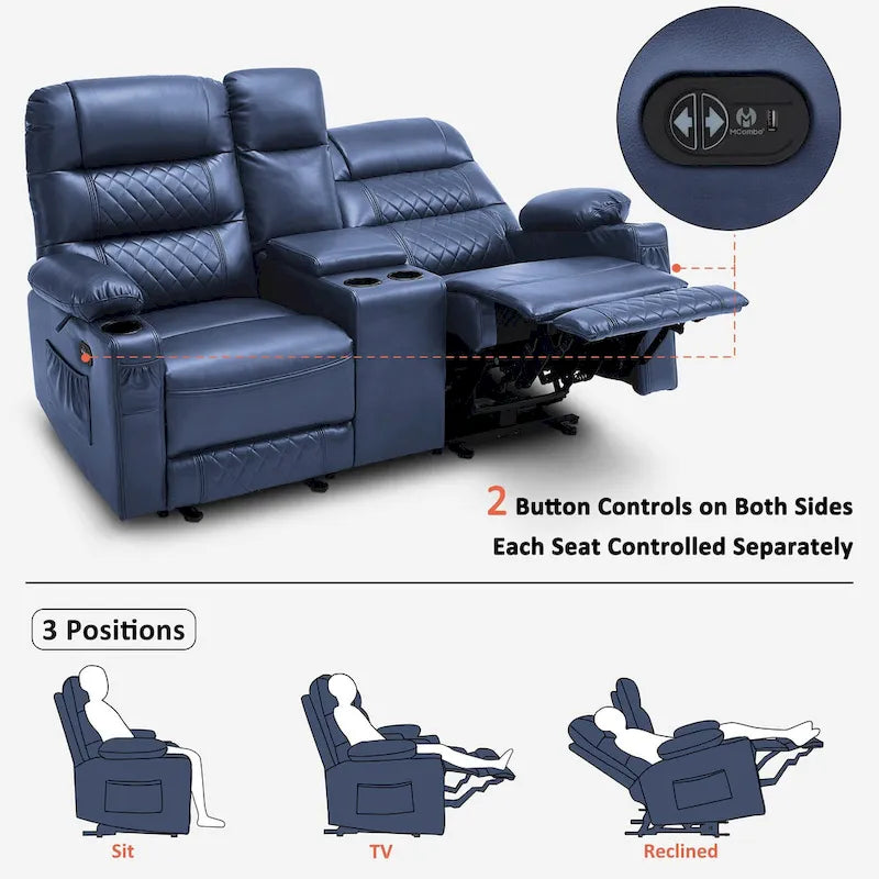 Canapé inclinable électrique MCombo avec console, fonction chauffante et vibrante, ports USB et porte-gobelets PR624