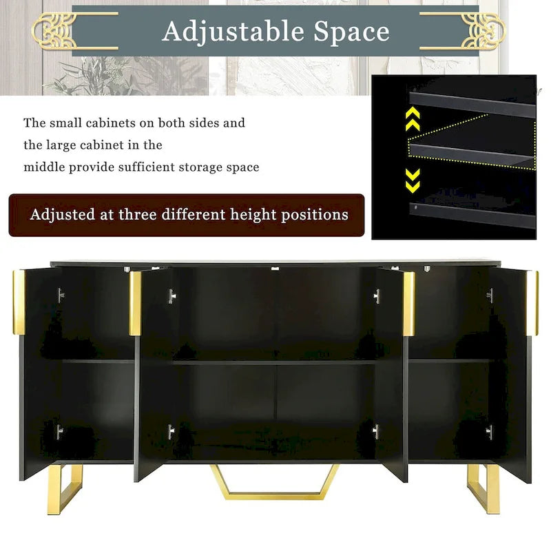 Buffet moderne à quatre portes, poignées et pieds en métal, étagères réglables - Meuble de cuisine