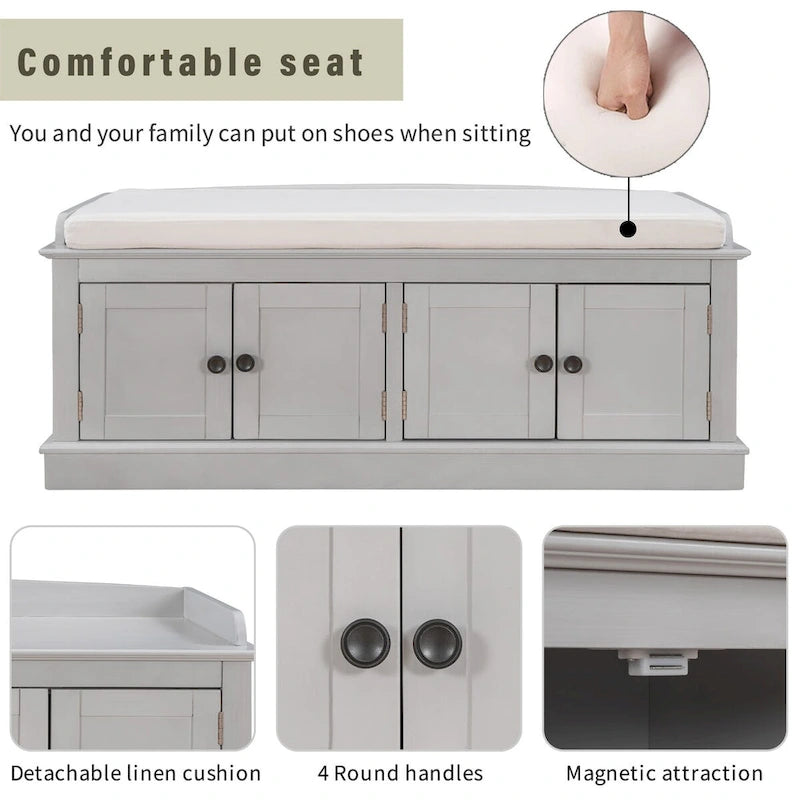 Banc de rangement à 4 portes avec étagères réglables et coussin amovible - 42,7 cm (L) x 15,9 cm (l) x 17,4 cm (H)