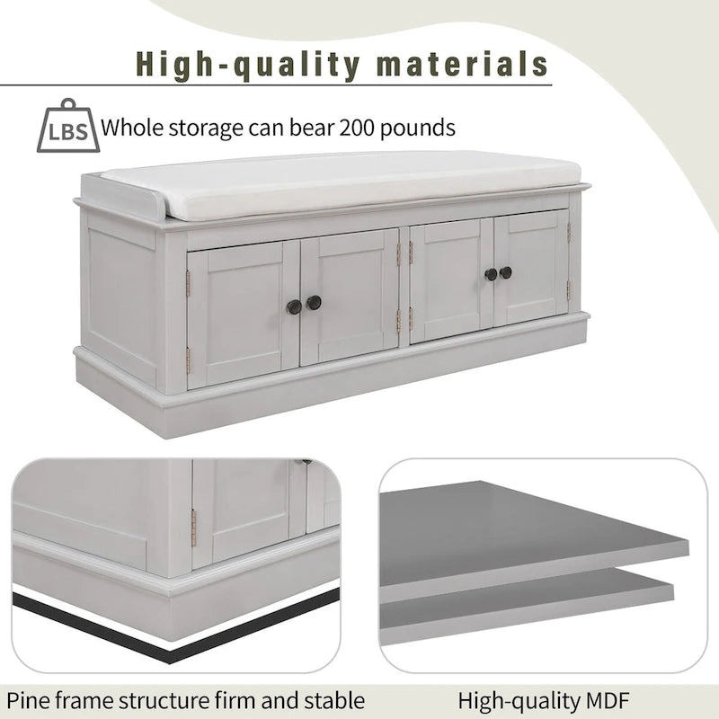 Banc de rangement à 4 portes avec étagères réglables et coussin amovible - 42,7 cm (L) x 15,9 cm (l) x 17,4 cm (H)
