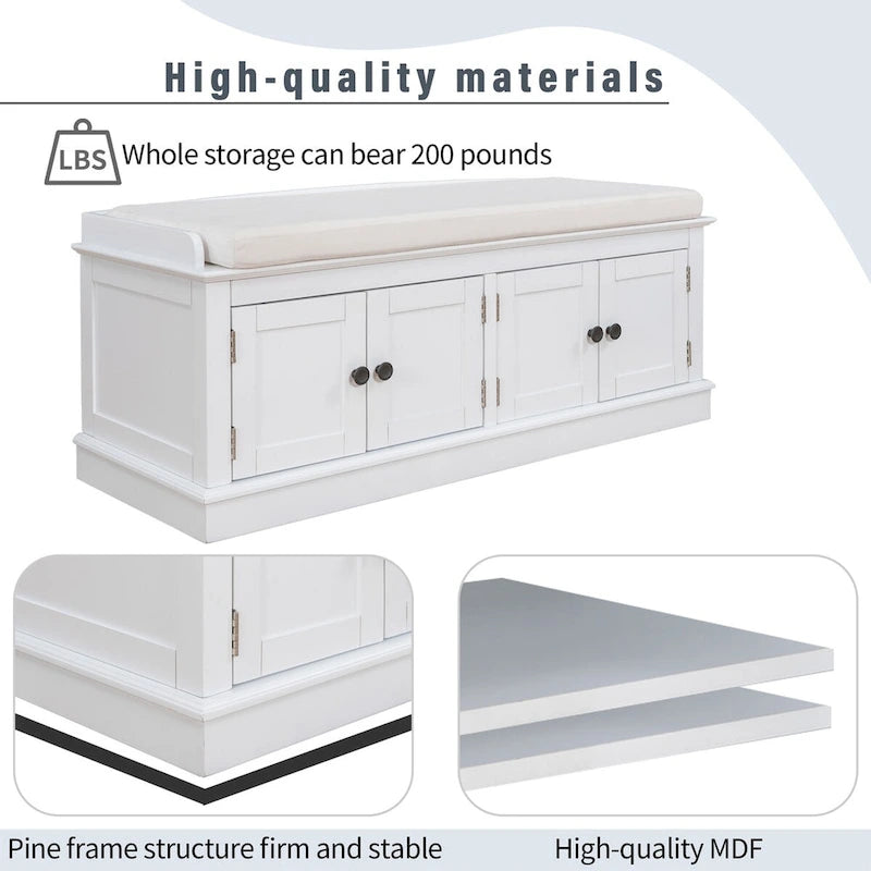 Banc de rangement à 4 portes avec étagères réglables et coussin amovible - 42,7 cm (L) x 15,9 cm (l) x 17,4 cm (H)
