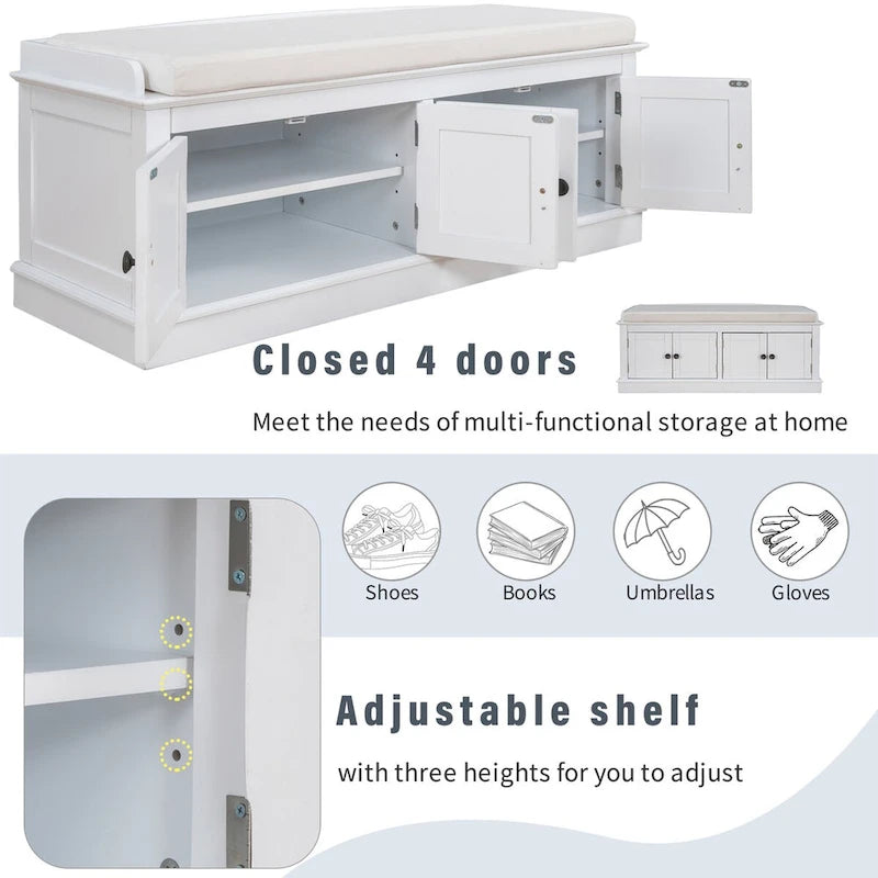 Banc de rangement à 4 portes avec étagères réglables et coussin amovible - 42,7 cm (L) x 15,9 cm (l) x 17,4 cm (H)