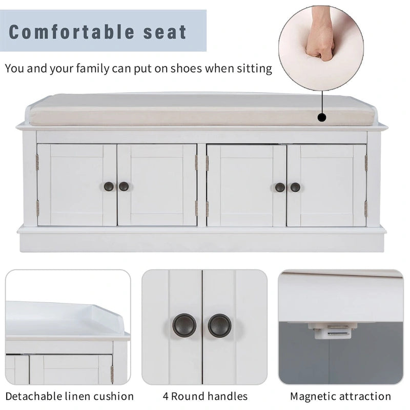 Banc de rangement à 4 portes avec étagères réglables et coussin amovible - 42,7 cm (L) x 15,9 cm (l) x 17,4 cm (H)