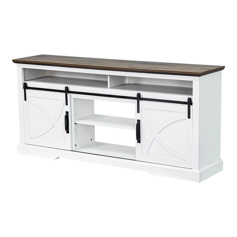 Meuble TV rustique blanc avec porte coulissante de style grange, pour téléviseurs de 80 pouces.