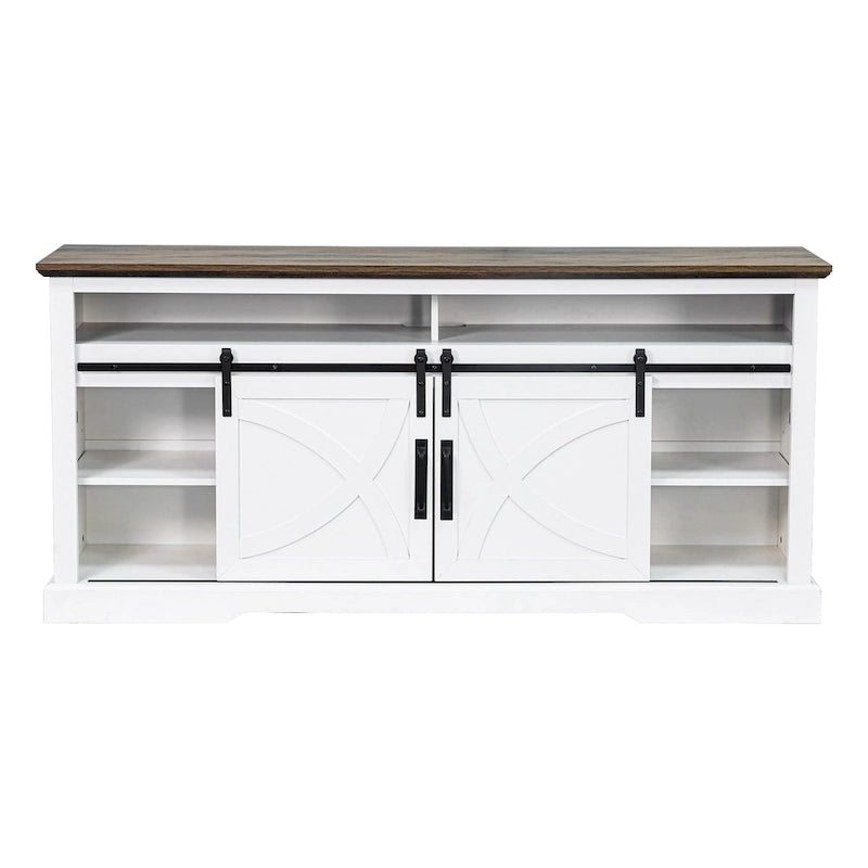Meuble TV rustique blanc avec porte coulissante de style grange, pour téléviseurs de 80 pouces.