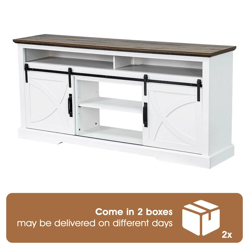 Meuble TV rustique blanc avec porte coulissante de style grange, pour téléviseurs de 80 pouces.