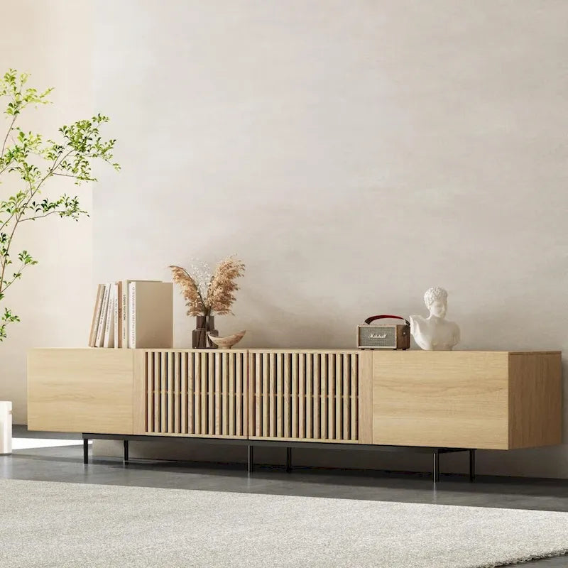 Meuble TV élégant de style moderne du milieu du siècle, pouvant accueillir des téléviseurs jusqu'à 80 pouces. Nombreux rangements pour appareils multimédias, gestion des câbles. Montage facile.