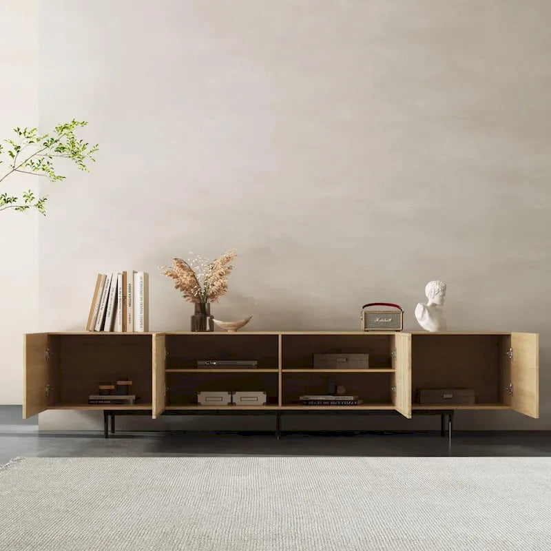 Meuble TV élégant de style moderne du milieu du siècle, pouvant accueillir des téléviseurs jusqu'à 80 pouces. Nombreux rangements pour appareils multimédias, gestion des câbles. Montage facile.