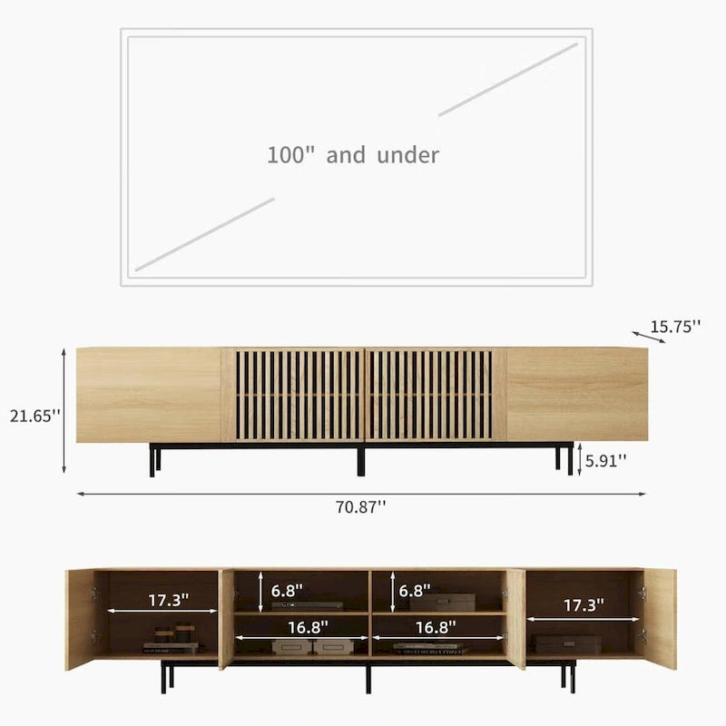 Meuble TV élégant de style moderne du milieu du siècle, pouvant accueillir des téléviseurs jusqu'à 80 pouces. Nombreux rangements pour appareils multimédias, gestion des câbles. Montage facile.