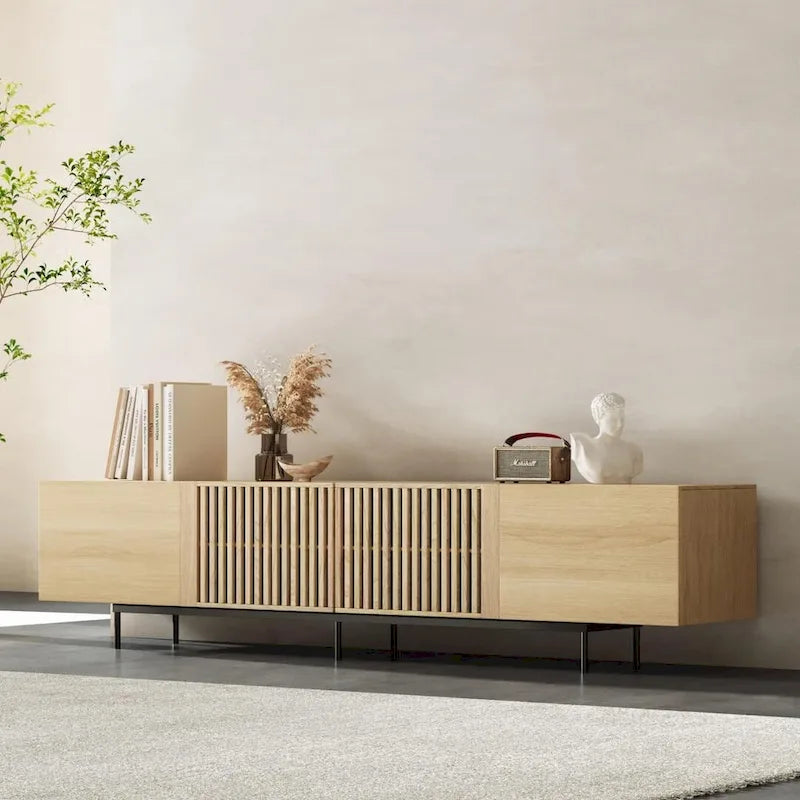 Meuble TV élégant de style moderne du milieu du siècle, pouvant accueillir des téléviseurs jusqu'à 80 pouces. Nombreux rangements pour appareils multimédias, gestion des câbles. Montage facile.